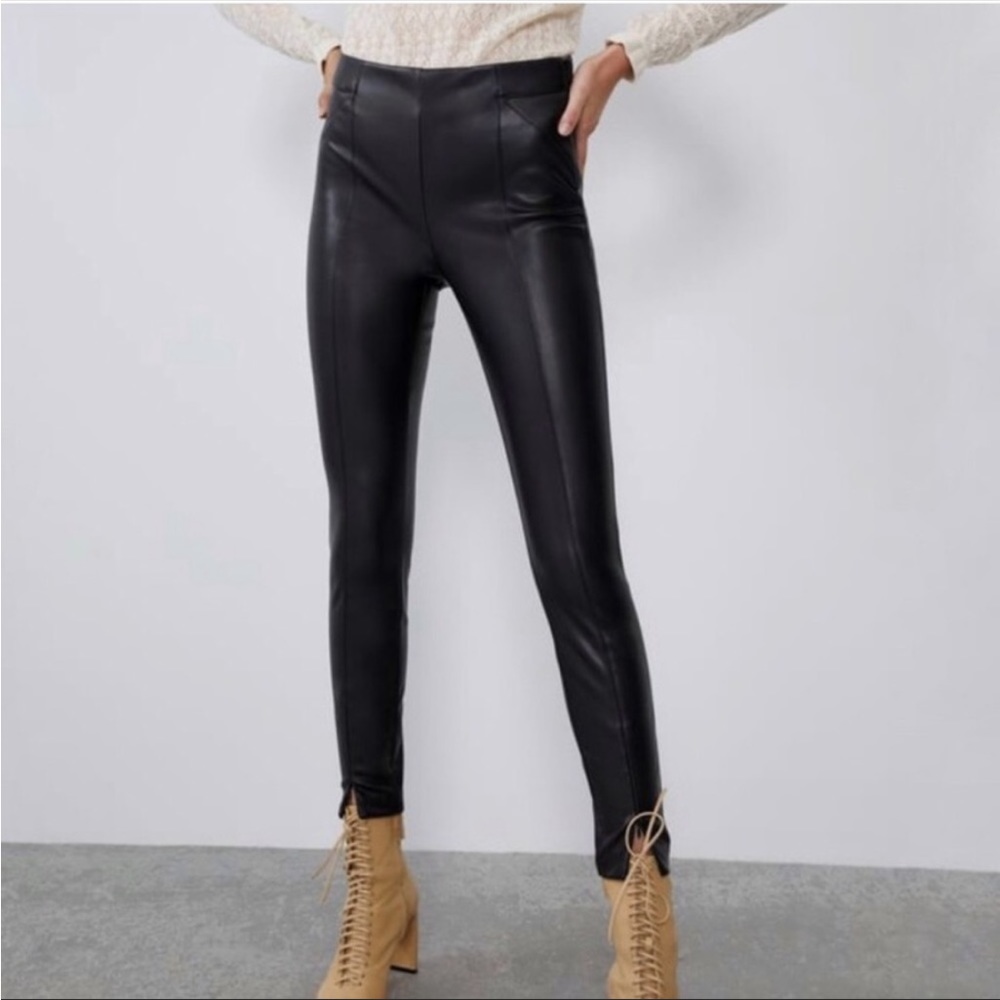 Zara Women's XXL Black Faux Leather High Rise Fitted Zipper Ankle Pants 28.5"